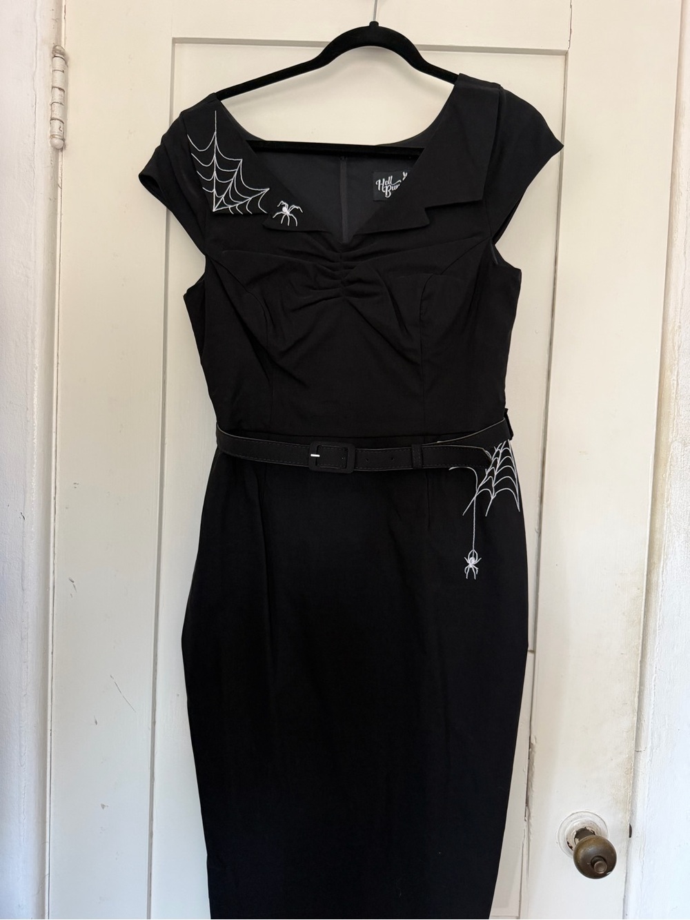 NWT Hell Bunny Miss Muffet Pencil Wiggle Dress Spiderweb Spooky Size L / UK 14